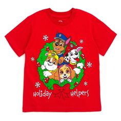 Celebrate the special days with Chase, Marshall, Rubble, and Skye! These fun Paw Patrol tees feature vibrant artwork of your kid's favorite pups dressed up for the holidays. Choose from awesome designs special for the 4th of July, Christmas, and Halloween! Soft and comfortable, these stylish Paw Patrol holiday tshirts are perfect for any festive occasion! Holiday Cotton Tops With Character Print, Holiday Cotton Top With Character Print, Cotton Top With Character Print For Holidays, Holiday T-shirt With Character Print And Crew Neck, Holiday Crew Neck T-shirt With Character Print, Holiday Crew Neck Top With Character Print, Kids Christmas Shirt, Paw Patrol Navidad, Paw Patrol Christmas