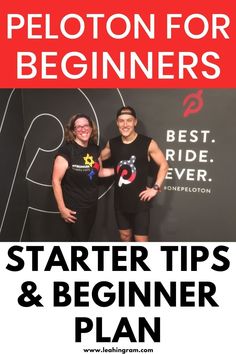 two women standing next to each other in front of a sign that says peloton for beginners