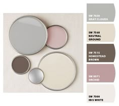 four different shades of paint with the names and colors in each color scheme, including white, brown, gray, and pink