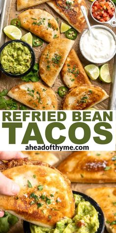 the recipe for refried bean tacos with guacamole and salsa