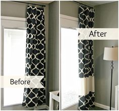 the before and after curtains are being hung in front of a window with white trim