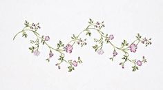 an artisticly designed floral design on a white background with pink flowers and green leaves