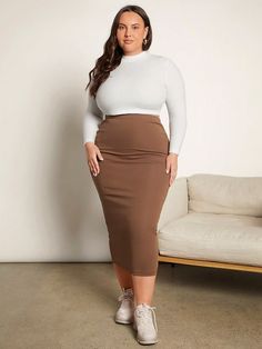 Mocha Brown Casual Collar  Fabric Plain Pencil Embellished Slight Stretch Spring/Summer/Fall Women Plus Clothing Pencil Skirt Outfits Casual, Shein Basics, High Waist Pencil Skirt, High Waisted Pencil Skirt, Modest Clothing, Brown Skirts, Mocha Brown