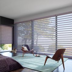 a bedroom with blinds and furniture in it