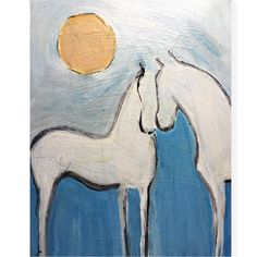 two white horses standing next to each other in front of a blue sky and sun