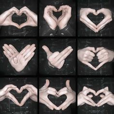 multiple images of hands making a heart shape with their fingers and thumbnails in different positions