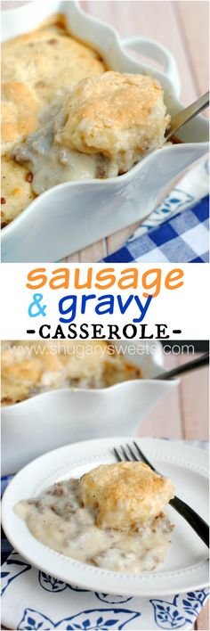 sausage and gravy casserole on a white plate