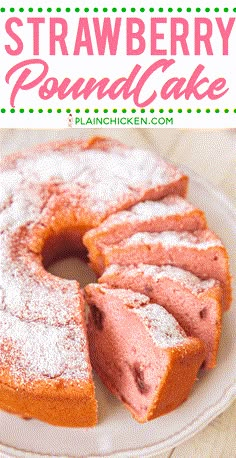 strawberry pound cake on a white plate with powdered sugar and green polka dot border