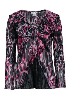 Current Boutique-Alberto Makali - Black & Fuchsia Leopard Ruffle Top w/ Sequins Sz S Winter Pink Top For Night Out, Pink Winter Top For Night Out, Pink Top For Winter Night Out, Pink Tops For Night Out In Winter, Winter Party Multicolor Tops, Fitted Pink Blouse For Winter, Pink Embellished Party Top, Glamorous Pink Fall Tops, Glamorous Pink Tops For Fall