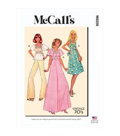 two women's dresses and one woman's blouse sewing pattern from the 1970s