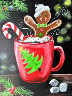 a painting of a christmas mug with a gingerbread in it