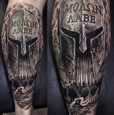 two tattoos on the legs of men with black and grey ink that reads molon able