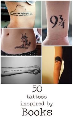 the cover of 50 tattoos inspired by books, with pictures of women's legs