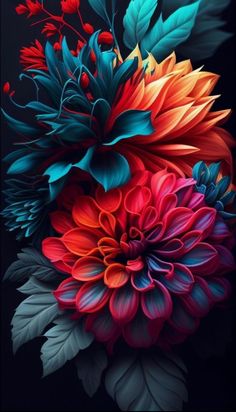 an iphone with colorful flowers and leaves on the back side, in front of a black background