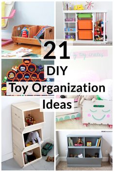 the collage shows different toy organization ideas