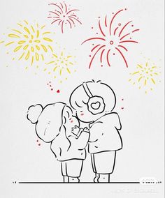 a drawing of two people hugging each other with fireworks in the sky behind them on a white paper