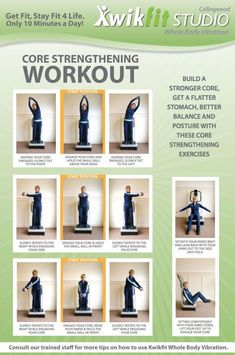 the core strengthing workout poster is shown with instructions on how to do it, and what