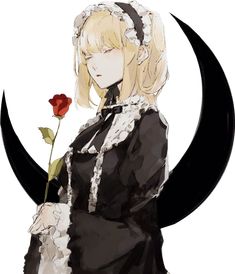 an anime character holding a flower in front of a crescent with the moon behind her