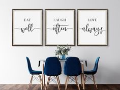 three black and white prints with the words eat well, love always