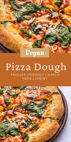 vegan pizza dough with fresh spinach and cheese on top is shown in two different pans