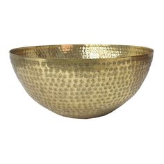 a large metal bowl with holes in it on a white background, the bowl is gold