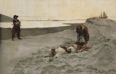 a painting of two men in the sand with one laying on the ground next to another man