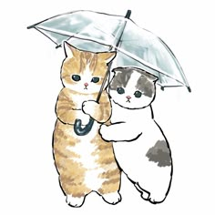 two cats are standing under an umbrella and one is holding the other's paw