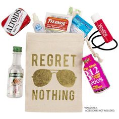 the contents of a bag are shown including an eyeglass case, toothpaste, and mouthwash