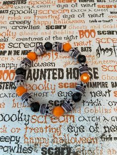 This is a Skull beaded bracelet.  It would make a great gift for Halloween. It would make a great addition to your Halloween costume.   It has solid black and orange faceted beads. It has ten skull beads. It was made with .8mm sturdy stretch string. I tie it several times to prevent breakage. It fits teens and women. It stretches to fit on the wrist. All items are ready to be shipped I do combined shipping. Items ship in 2-5 business days. Check out more items at: http://www.etsy.com/shop/Meshel Diy Kandi Bracelets, Diy Kandi, Kandi Bracelets, Beaded Skull, Halloween Accessories, Halloween Trick Or Treat