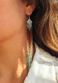 Estee | Turquoise Stone Seed Bead Earrings | Moon & Milk Southwest Earrings, Moon Milk, Long Beaded Earrings, Turquoise Bead Earrings, Earthy Palette, Ombre Earrings, Earrings Moon, Beaded Fringe Earrings, Earring Inspiration