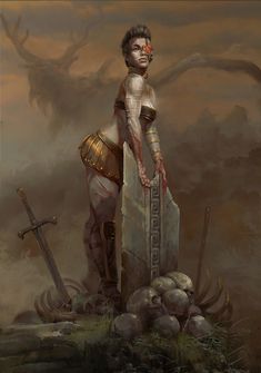 a painting of a woman standing on top of a stone pillar with two swords in front of her