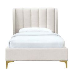 an upholstered bed with white linens and wooden legs, on a white background