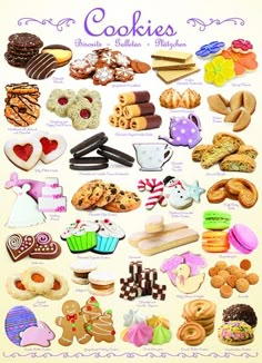 a poster with many different types of cookies on it's side and the words cookies written