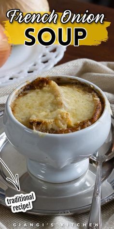 french onion soup in a white bowl on a plate