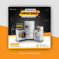 an advertisement for a new appliance in yellow and black with the words mega sale on