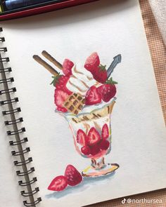 Strawberry Drawing, Food Art Painting, Strawberry Art, Cake Drawing, Food Doodles, Gcse Art Sketchbook, Foodie Art, Watercolour Inspiration