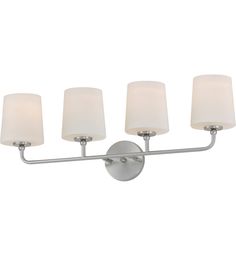 three light bathroom fixture with white shades on the lights and one lamp is turned off