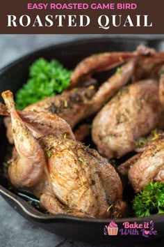 roasting chicken in a cast iron skillet with parsley garnish on the side