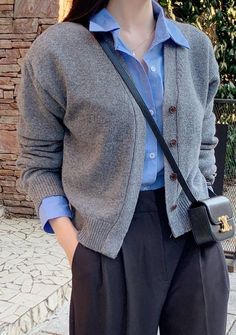 Cardigan Business Outfit, Cardigan And Collared Shirt Outfit, Cardigan And Button Down Shirt, Cardigan Over Button Down Shirt, Office Cardigan Outfit, Short Grey Cardigan Outfit, Work Cardigan Outfit, Preppy Cardigan Outfit, Shirt And Cardigan Outfit