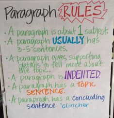 a poster with writing on it that says paragraph rules and an image of the words underneath