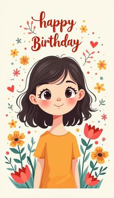 a girl with black hair is standing in front of flowers and the words happy birthday