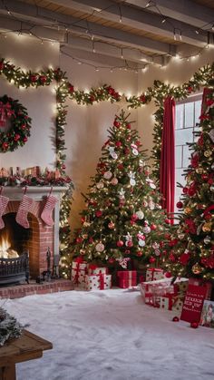 christmas trees are decorated with red and white presents