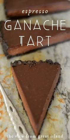 three pieces of chocolate ganache tart sitting on top of a counter