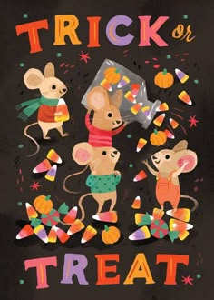 two mice trick or treat with candy and candies in the background, on a black background