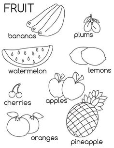 fruits coloring page with the words, color and learn them