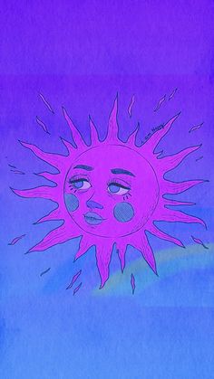 a drawing of a pink sun with blue sky in the background