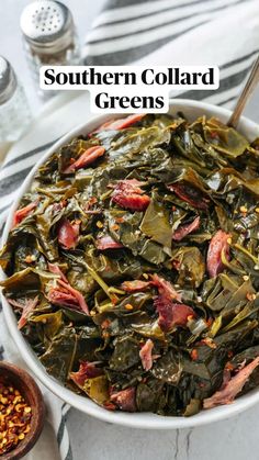 instant pot collard greens with smoked turkey in a white bowl on a striped tablecloth