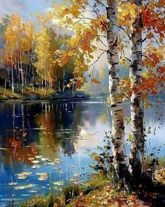 a painting of trees and water in the fall