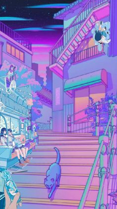 an illustration of people sitting on the stairs in front of a building with cats and dogs