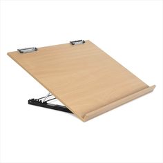 a wooden clipboard with two metal clips on it's sides and a white background